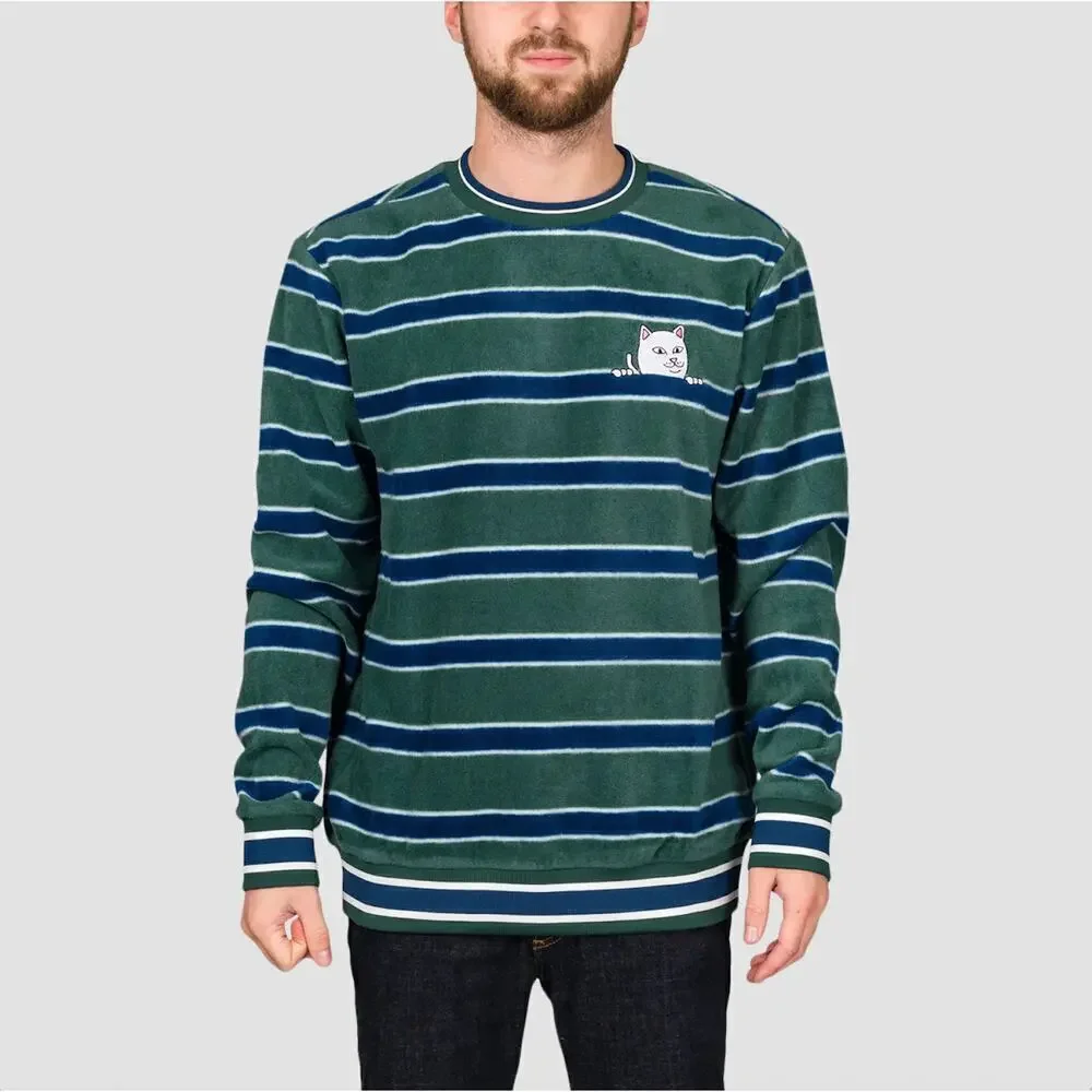 RipnDip Green Striped Long Sleeve Polar Fleece Crewneck Nermal Cat sz S Skater